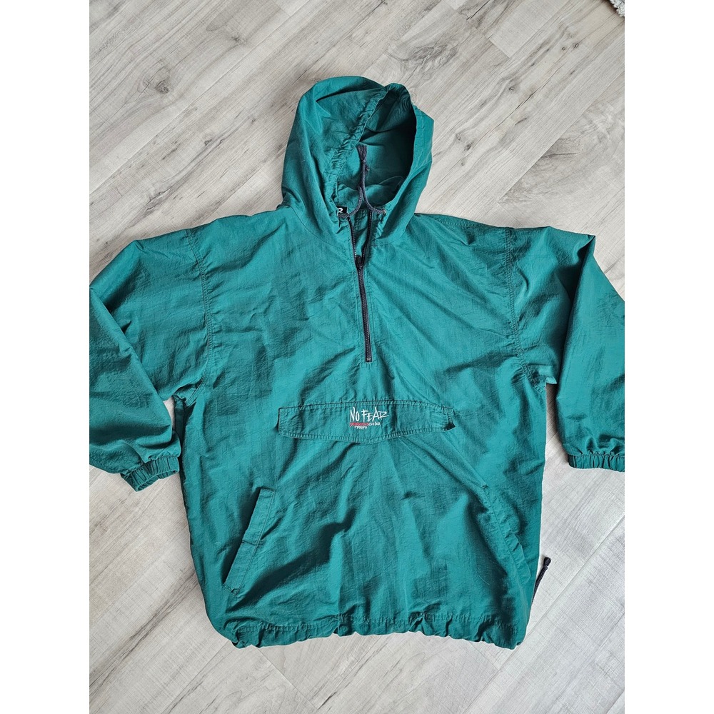 Vintage No Fear Dangerous Gear Sports Green Nylon Anorak Windbreaker Pullover L